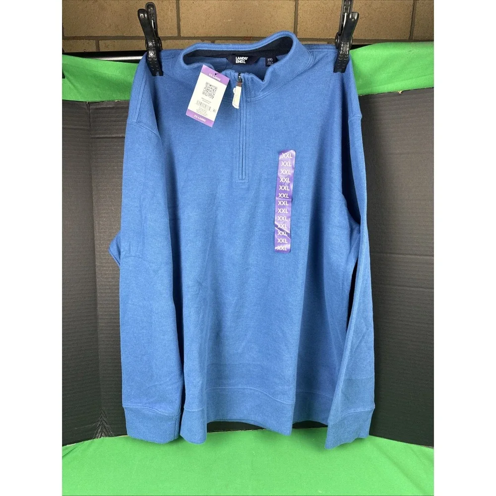 Lands' End Mens Ribbed Quarter Zip Pullover Sweater Blue XXL NWT